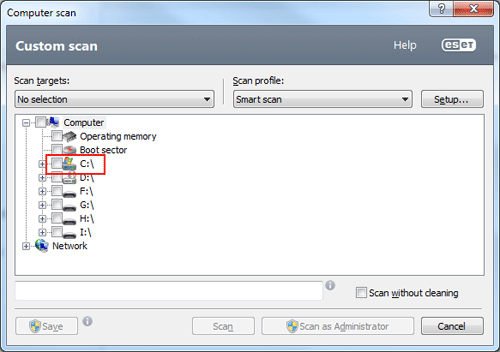 ESET custom scan menu